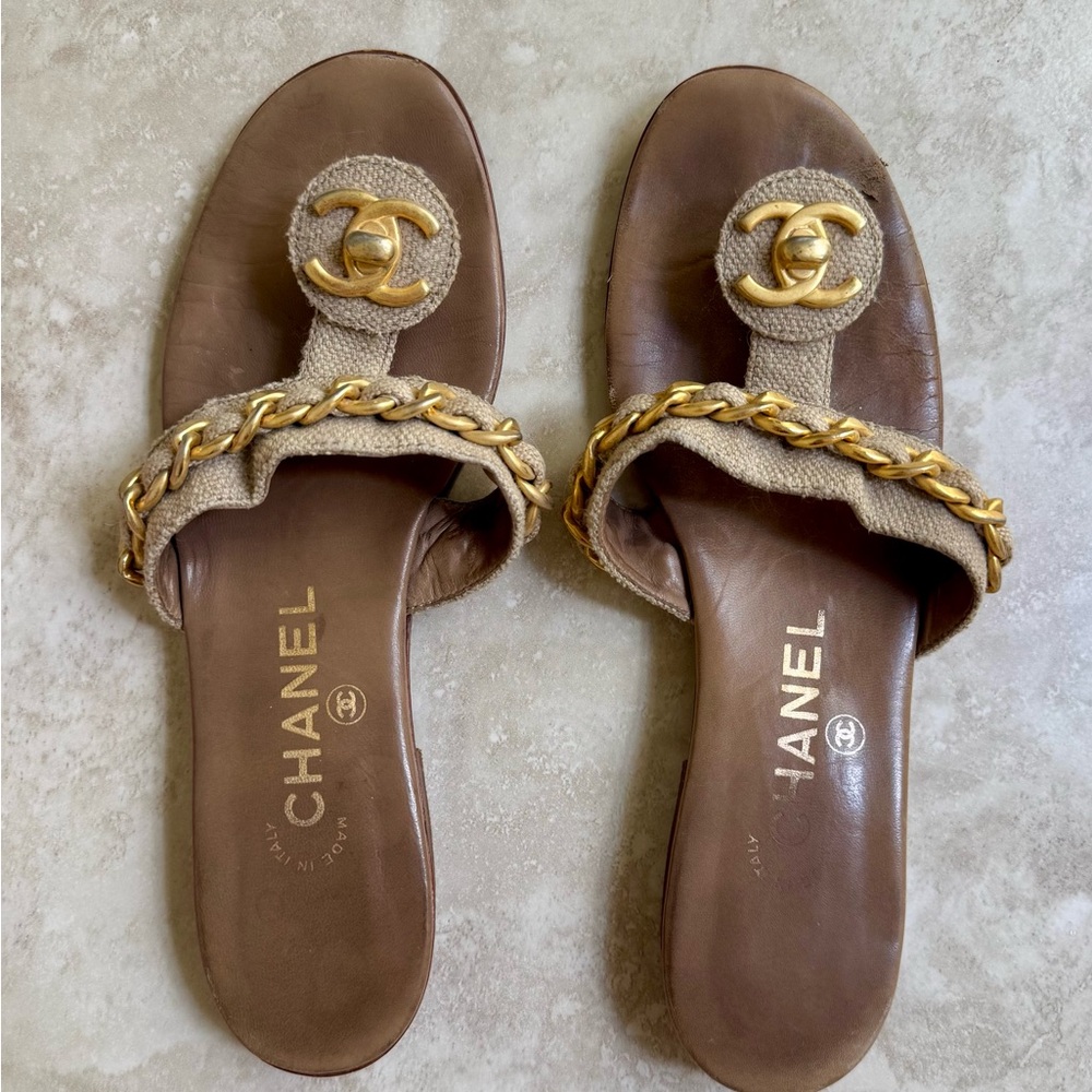 Chanel Brown and Gold Sandals with Logo Embellishment
